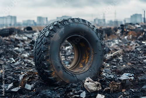 A close-up of a discarded, half-burnt tire in the midst of industrial wasteland with copy space.  photo