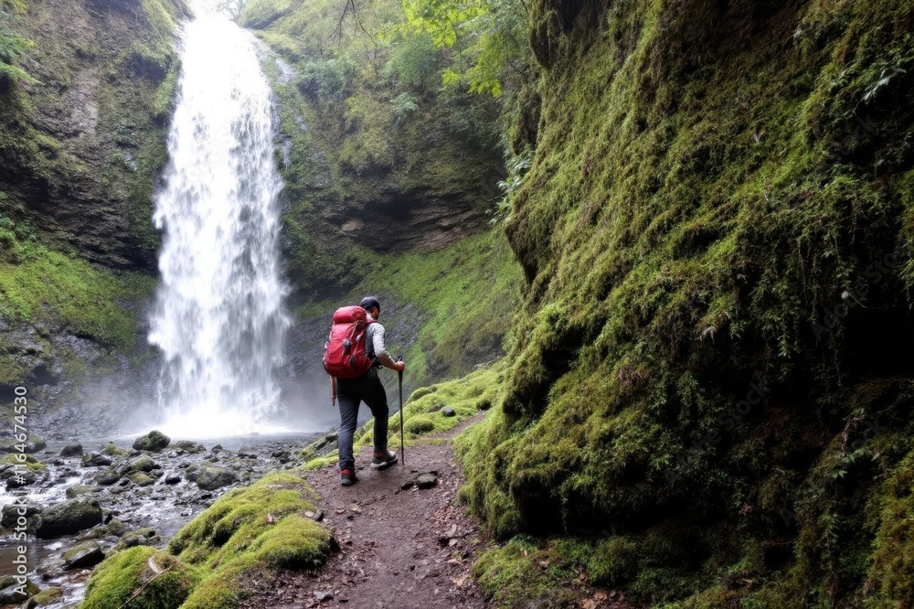 Hiker on a mossy trail behind a waterfall Hiker on a mossy trail behind a waterfall