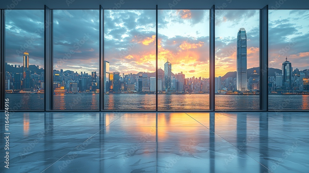 Fototapeta premium Empty square floor framed by a city skyline, featuring a modern urban plaza and towering skyscrapers in a dramatic perspective