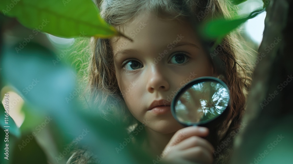 Curious child exploring nature with magnifying glass in a spring garden Curious child exploring nature with magnifying glass in a spring garden
