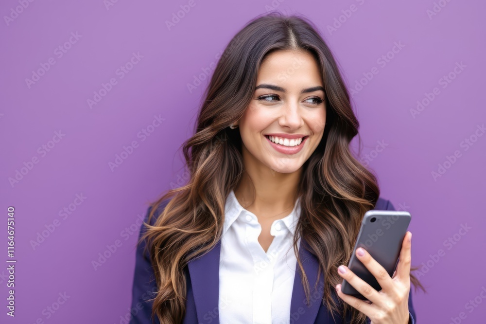 Smiling young businesswoman with smart phone in front of purple wall Smiling young businesswoman with smart phone in front of purple wall