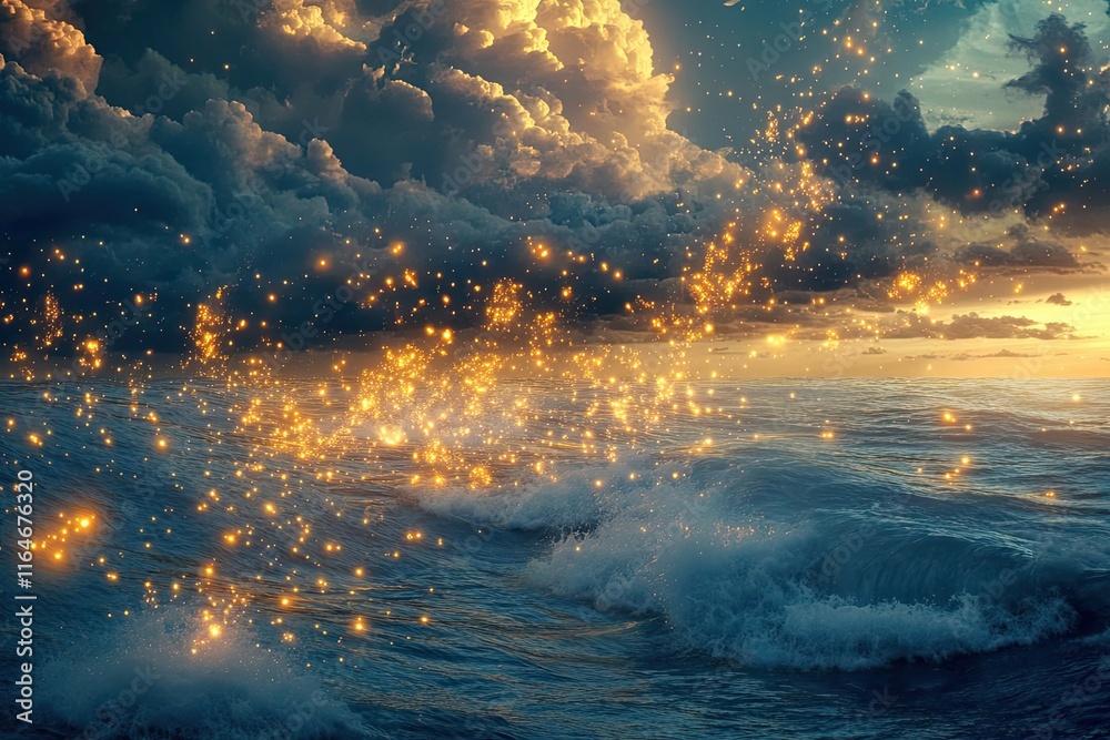 Fototapeta premium Golden Lights Dance Upon Ocean Waves Under Dramatic Clouds