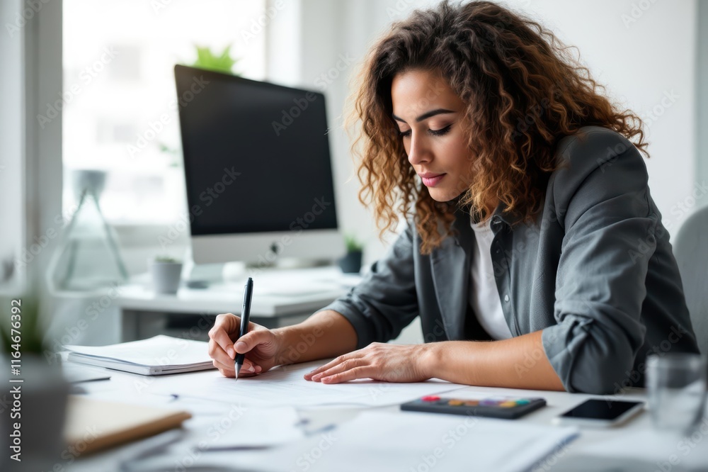 Young entrepreneur working over document in office Young entrepreneur working over document in office