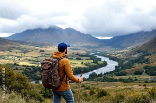Rear view of hiker with backpack and stick enjoying freedom viewing majestic scenery of countryside located along river shore in valley under cloudy sky