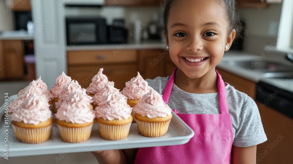 A young girl in a pink apron beams proudly, showcasing a tray of beautifully frosted cupcakes in a cozy kitchen setting. A young girl in a pink apron beams proudly, showcasing a tray of beautifully frosted cupcakes in a cozy kitchen setting.