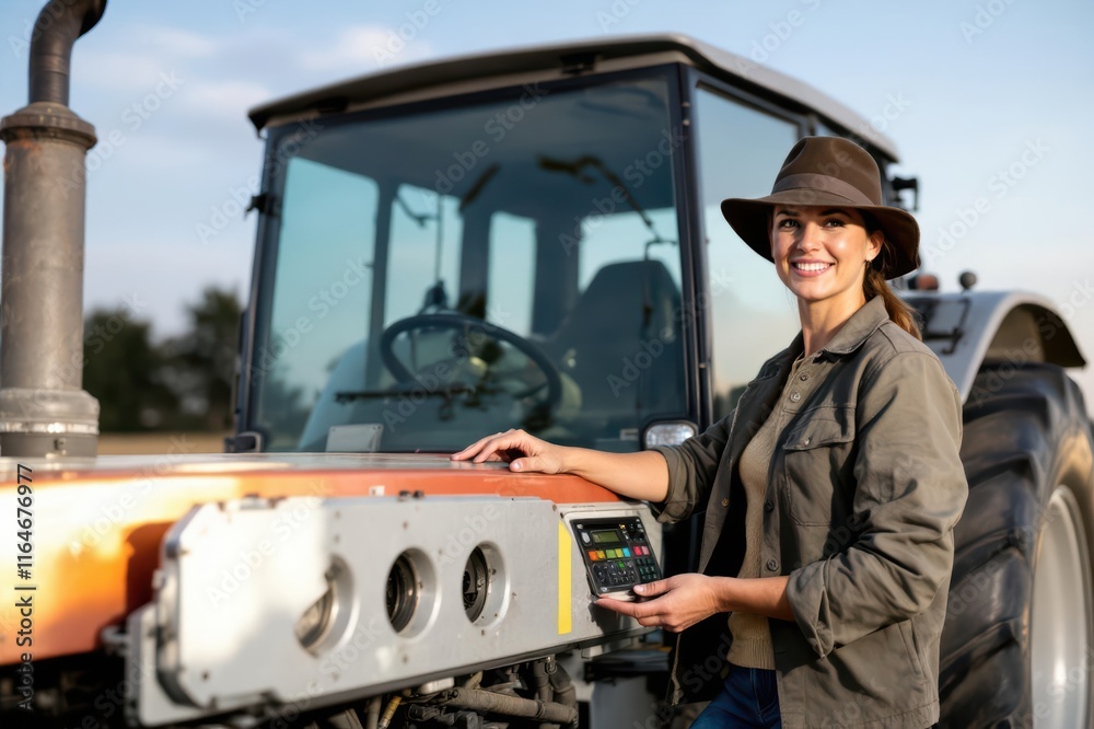 Fototapeta premium Female farmer standing on of tractor machinery on farm