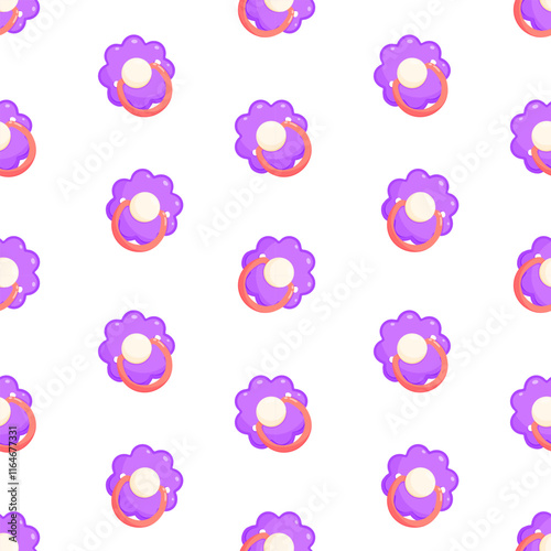 Purple dummies vector seamless pattern. Front view pacifiers. Background, print, packaging design
