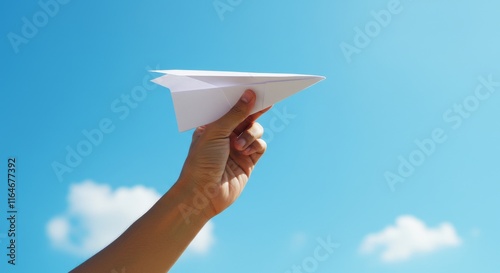Hand holding paper airplane against blue sky with clouds