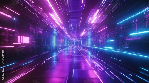 3d speedy neon background design with ultra violet and blue laser light. Concept of cyber highway, digital hyperspace or speed of light. photo