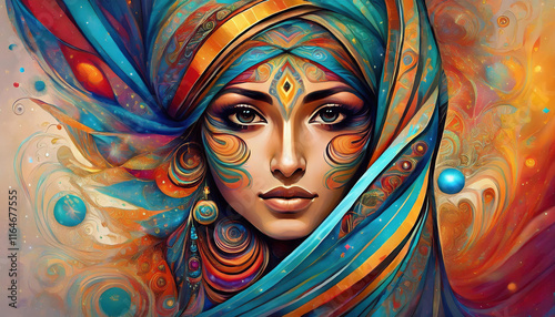A vibrant digital artwork features a mystical woman wearing a turquoise and gold headscarf against a swirling orange and blue background.