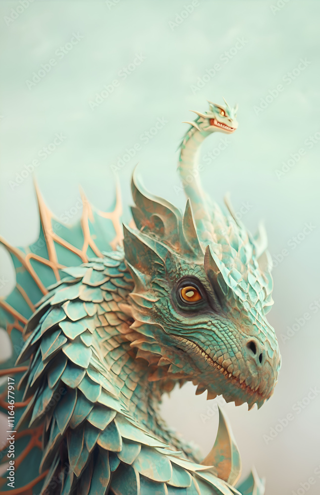 portrait of green beautiful dragon posing against green background. Digital artwork. AI generated