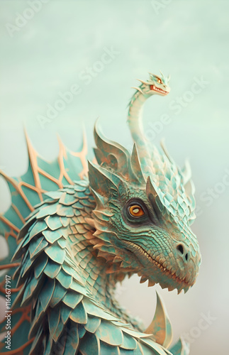 Obraz na płótnie portrait of green beautiful dragon posing against green background. Digital artwork. AI generated w salonie