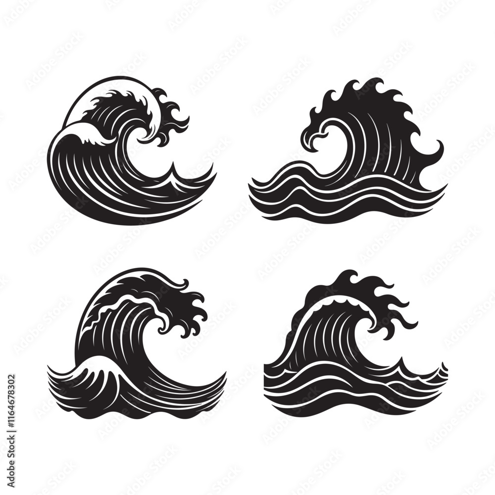 Obraz premium Set of Ocean Waves silhouette, black and white silhouette, vector and&nbsp;illustration