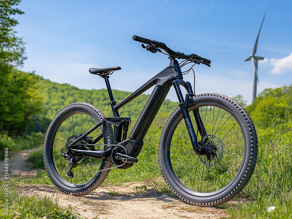 Mountain bike resting on a dirt trail with wind turbines in the background under a clear blue sky during daytime Mountain bike resting on a dirt trail with wind turbines in the background under a clear blue sky during daytime