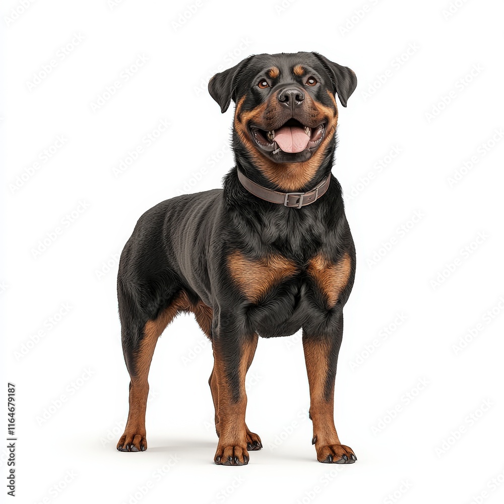 A cheerful Rottweiler standing proudly, showcasing its strong build and friendly demeanor, perfect for pet lovers and dog enthusiasts. A cheerful Rottweiler standing proudly, showcasing its strong build and friendly demeanor, perfect for pet lovers and dog enthusiasts.