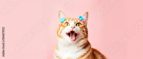 Excited ginger cat with bows photorealistic illustration photo