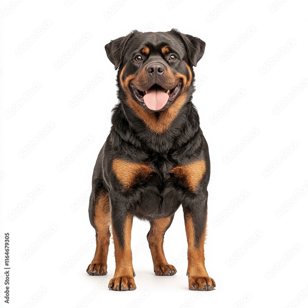 A cheerful Rottweiler standing proudly, showcasing its distinctive black and tan coat, perfect for pet lovers and animal enthusiasts. A cheerful Rottweiler standing proudly, showcasing its distinctive black and tan coat, perfect for pet lovers and animal enthusiasts.