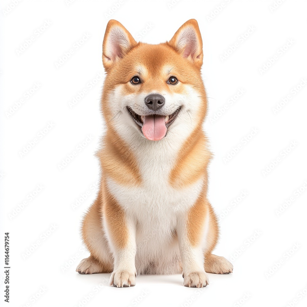 Fototapeta premium A cheerful Akita dog sits calmly, showcasing its friendly demeanor and vibrant fur.