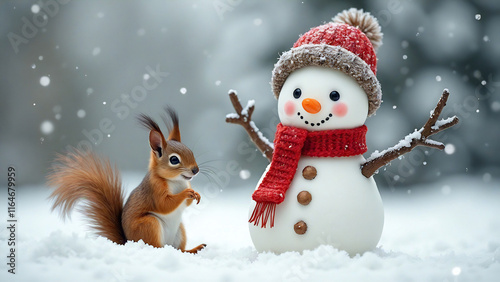 Cute snowman and a squirrel in a snowy landscape