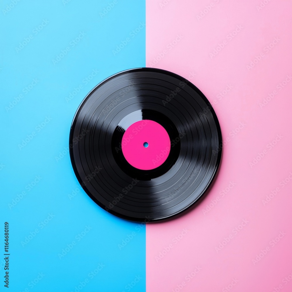 Fototapeta premium A vintage music setup featuring records on a pink and blue wooden backdrop, capturing a nostalgic vibe.