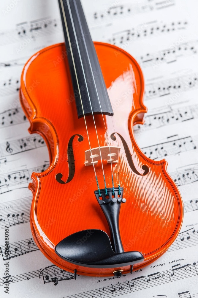 A glossy violin is displayed from above, set on a table at home with white music sheets. A glossy violin is displayed from above, set on a table at home with white music sheets.