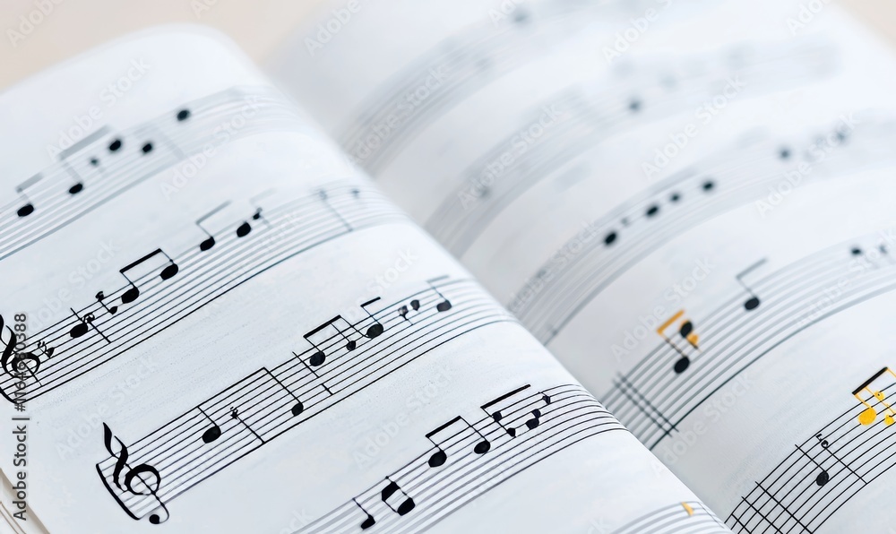 An aged sheet with Christmas musical notes, creating a bokeh background. An aged sheet with Christmas musical notes, creating a bokeh background.