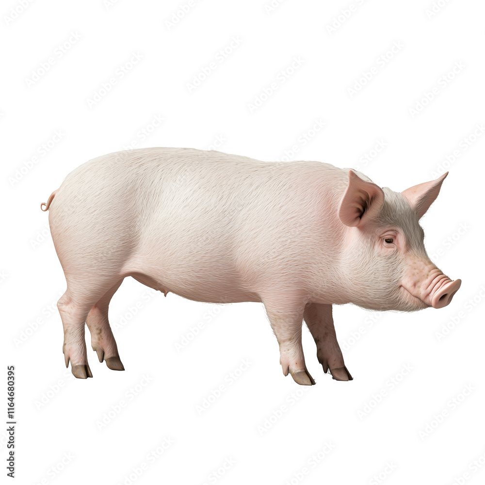 A pig standing on a transparent background. Pig has textured pink skin, snout, and floppy ears. Ideal for farm or agricultural themes.