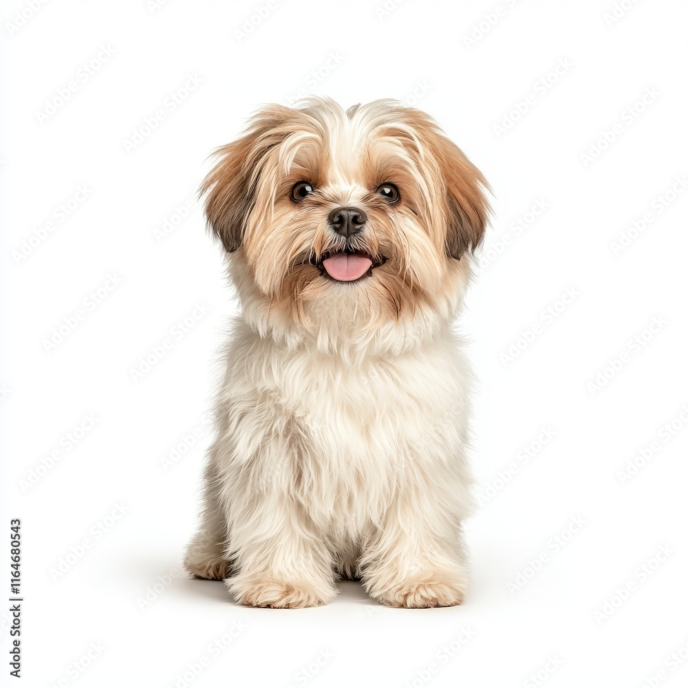 A cheerful small Shih Tzu dog with fluffy fur posing against a white background, showcasing its playful demeanor and friendly nature. A cheerful small Shih Tzu dog with fluffy fur posing against a white background, showcasing its playful demeanor and friendly nature.