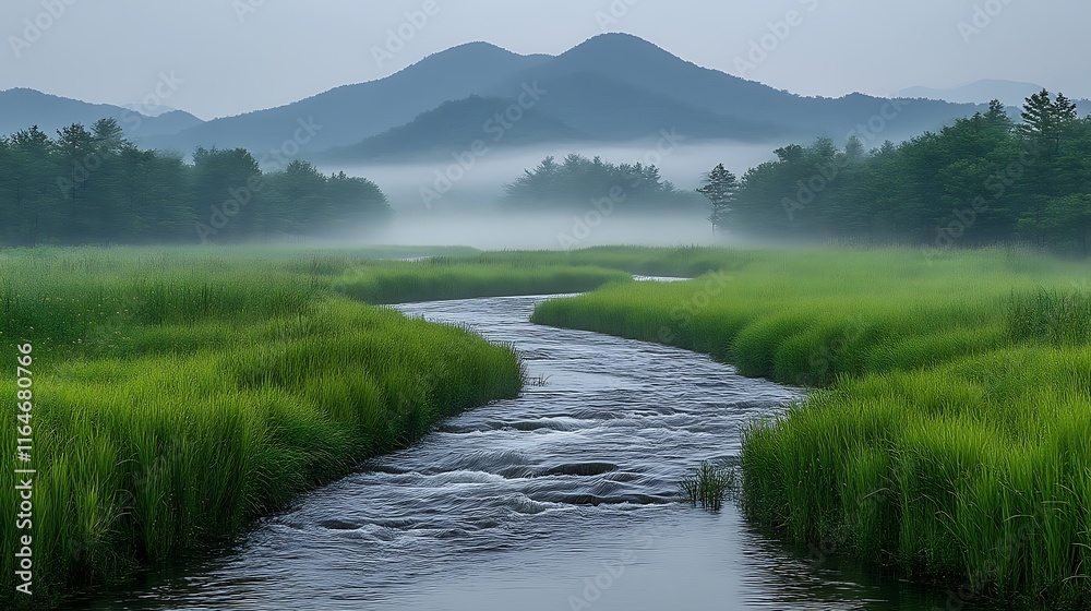 Serene River Flows Through Lush Green Grassland Towards Misty Mountains Serene River Flows Through Lush Green Grassland Towards Misty Mountains