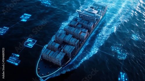 AIpowered global logistics concept featuring a world map and supply chain network with container ships facilitating international delivery for exportimport processes photo