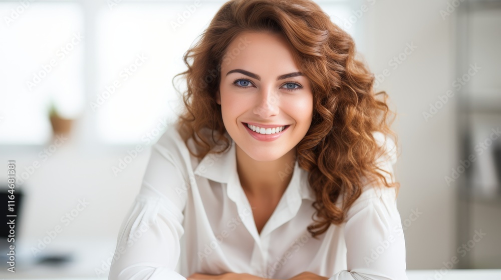 Smiling woman in white studio setting a clean and versatile background for creative projects Smiling woman in white studio setting a clean and versatile background for creative projects