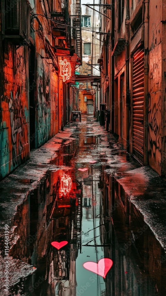 Fototapeta premium Rainy night in an urban alley with heart-shaped puddles and glowing neon lights from a cafe