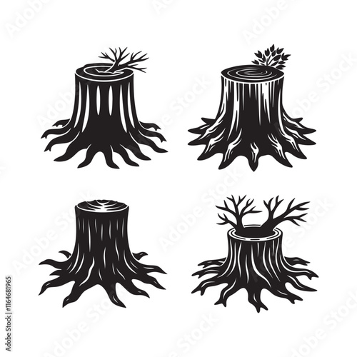 Set of Tree stump silhouette, black and white silhouette, vector and illustration