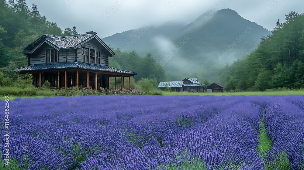 Mountain House Lavender Field Misty Landscape Scene Mountain House Lavender Field Misty Landscape Scene