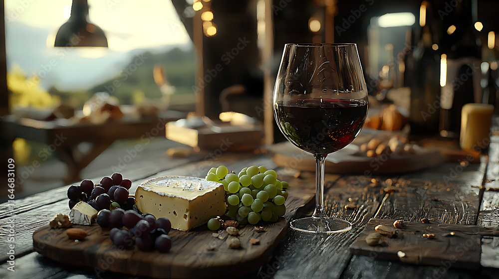 A table with a glass of wine and a cheese plate. generated using AI A table with a glass of wine and a cheese plate. generated using AI