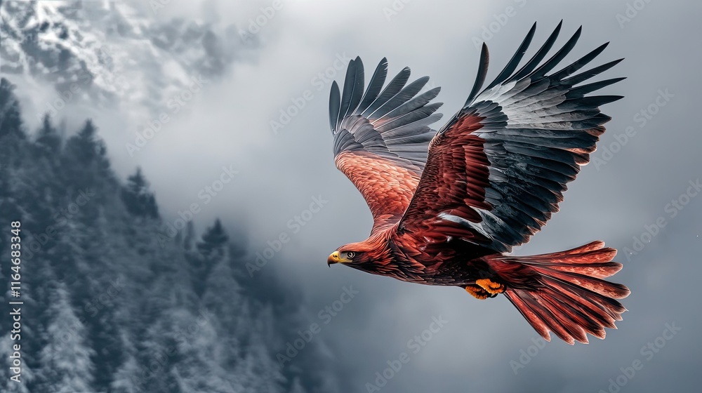 Fototapeta premium Majestic Golden Eagle Soaring Over Misty Mountain Peaks