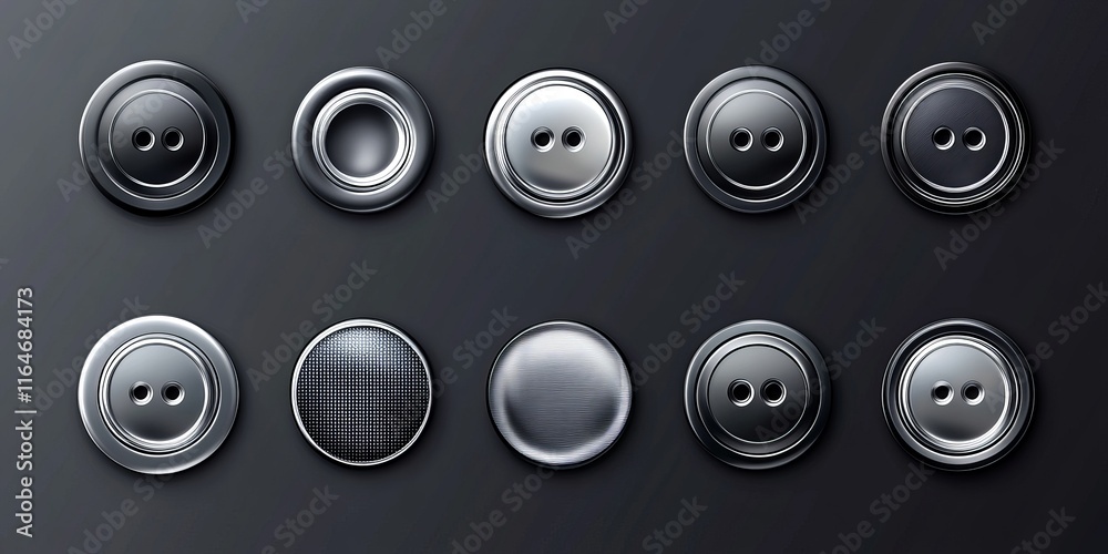Steel button set designed for web use displayed against a black background Steel button set designed for web use displayed against a black background