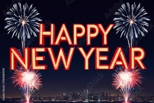 Vibrant fireworks illuminate a dark night sky, spelling out 'Happy New Year' in bold letters. A festive and celebratory scene perfect for holiday or seasonal designs