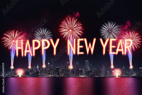 Vibrant fireworks illuminate a dark night sky, spelling out 'Happy New Year' in bold letters. A festive and celebratory scene perfect for holiday or seasonal designs