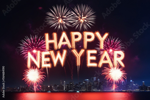 Vibrant fireworks illuminate a dark night sky, spelling out 'Happy New Year' in bold letters. A festive and celebratory scene perfect for holiday or seasonal designs