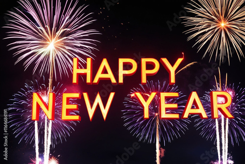 Vibrant fireworks illuminate a dark night sky, spelling out 'Happy New Year' in bold letters. A festive and celebratory scene perfect for holiday or seasonal designs