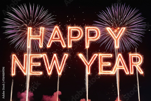 Vibrant fireworks illuminate a dark night sky, spelling out 'Happy New Year' in bold letters. A festive and celebratory scene perfect for holiday or seasonal designs
