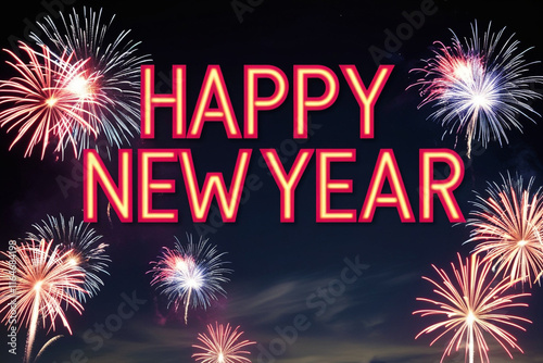 Vibrant fireworks illuminate a dark night sky, spelling out 'Happy New Year' in bold letters. A festive and celebratory scene perfect for holiday or seasonal designs