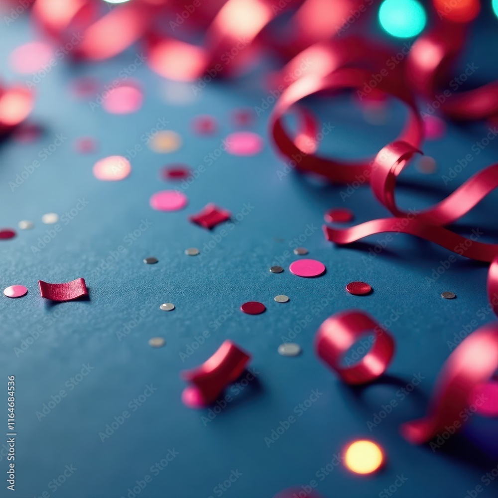Close-up shot of shiny confetti and curling streamers, metallic, purple Close-up shot of shiny confetti and curling streamers, metallic, purple