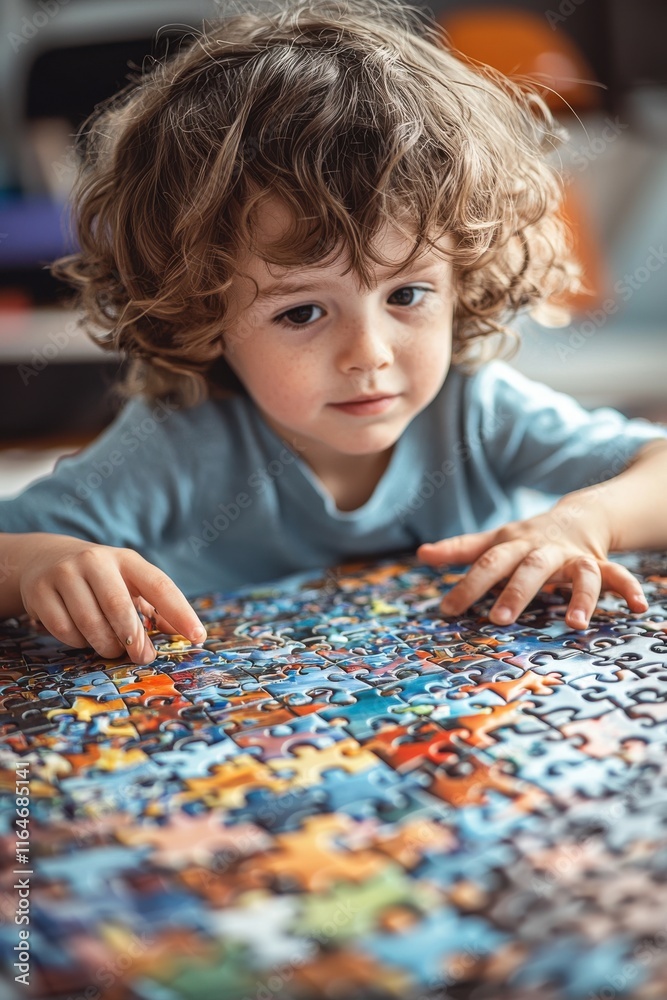 Child focuses intently on assembling a colorful jigsaw puzzle indoors at home during a sunny afternoon Child focuses intently on assembling a colorful jigsaw puzzle indoors at home during a sunny afternoon
