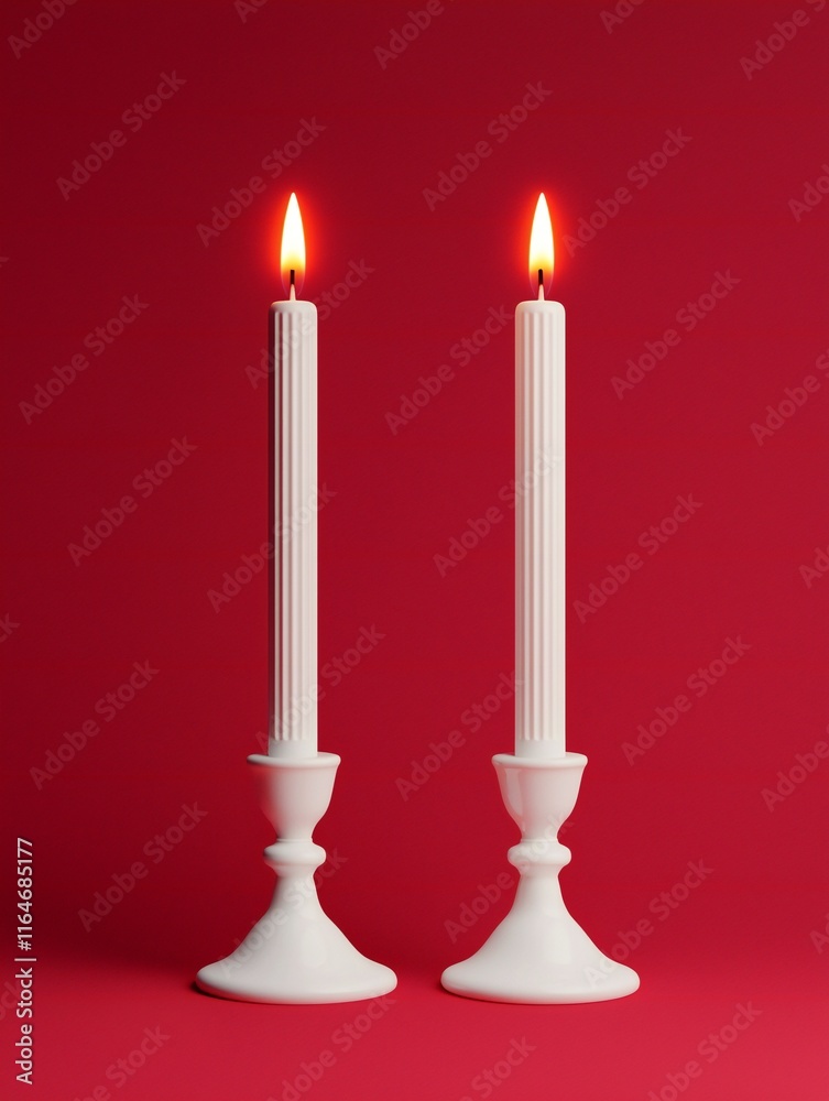 Valentine's Day Romantic Lit Candles White Candle Holders Red Background Home Decor Valentine's Day Romantic Lit Candles White Candle Holders Red Background Home Decor