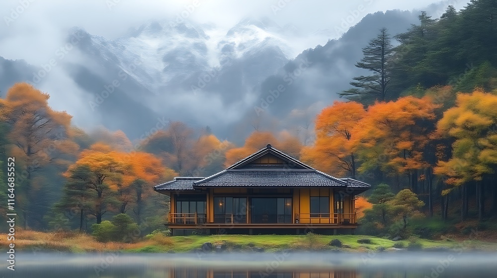 Naklejka premium Serene Autumn House Nestled Amongst Misty Mountains