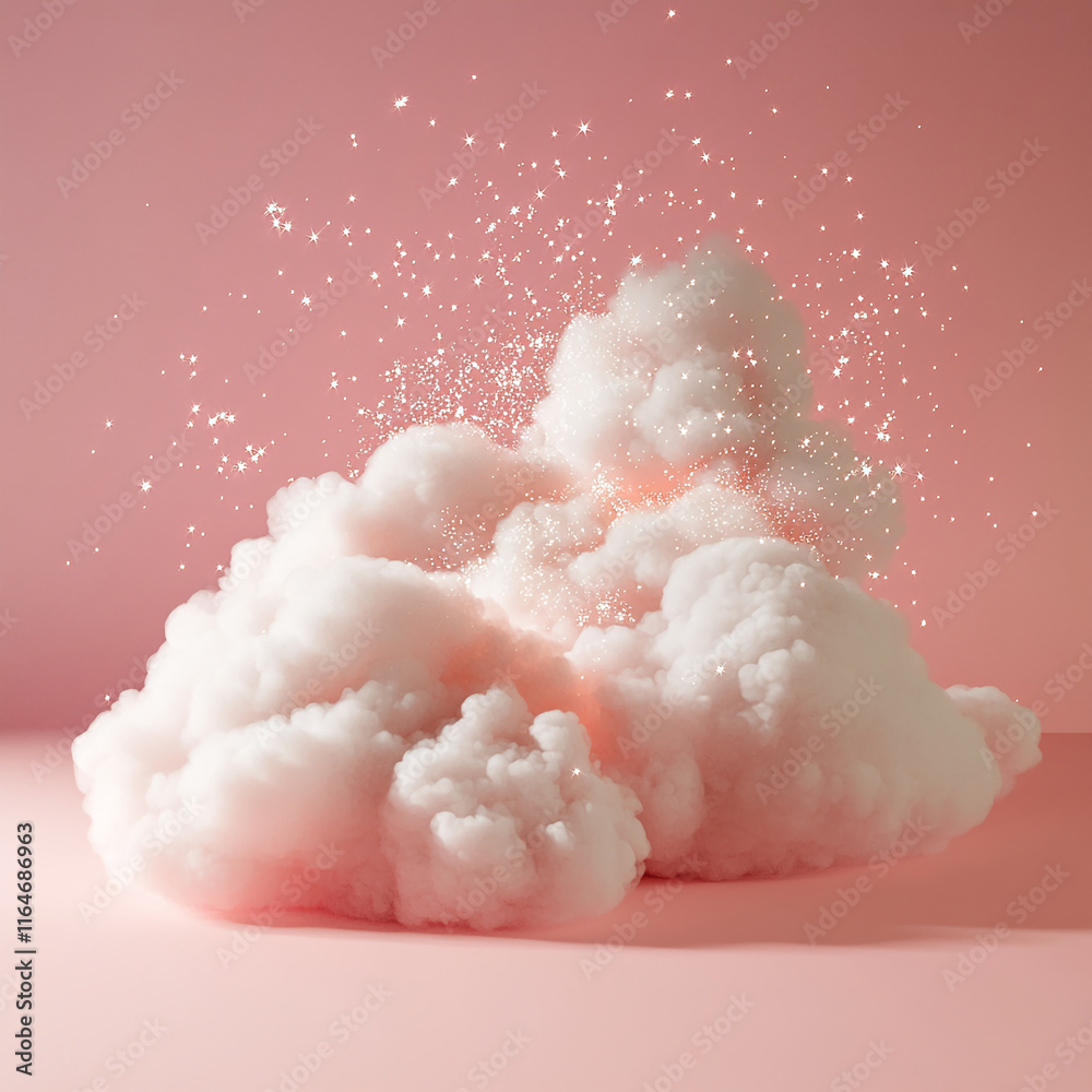 Fluffy pink clouds with sparkling glitter stars on a pastel pink background Fluffy pink clouds with sparkling glitter stars on a pastel pink background