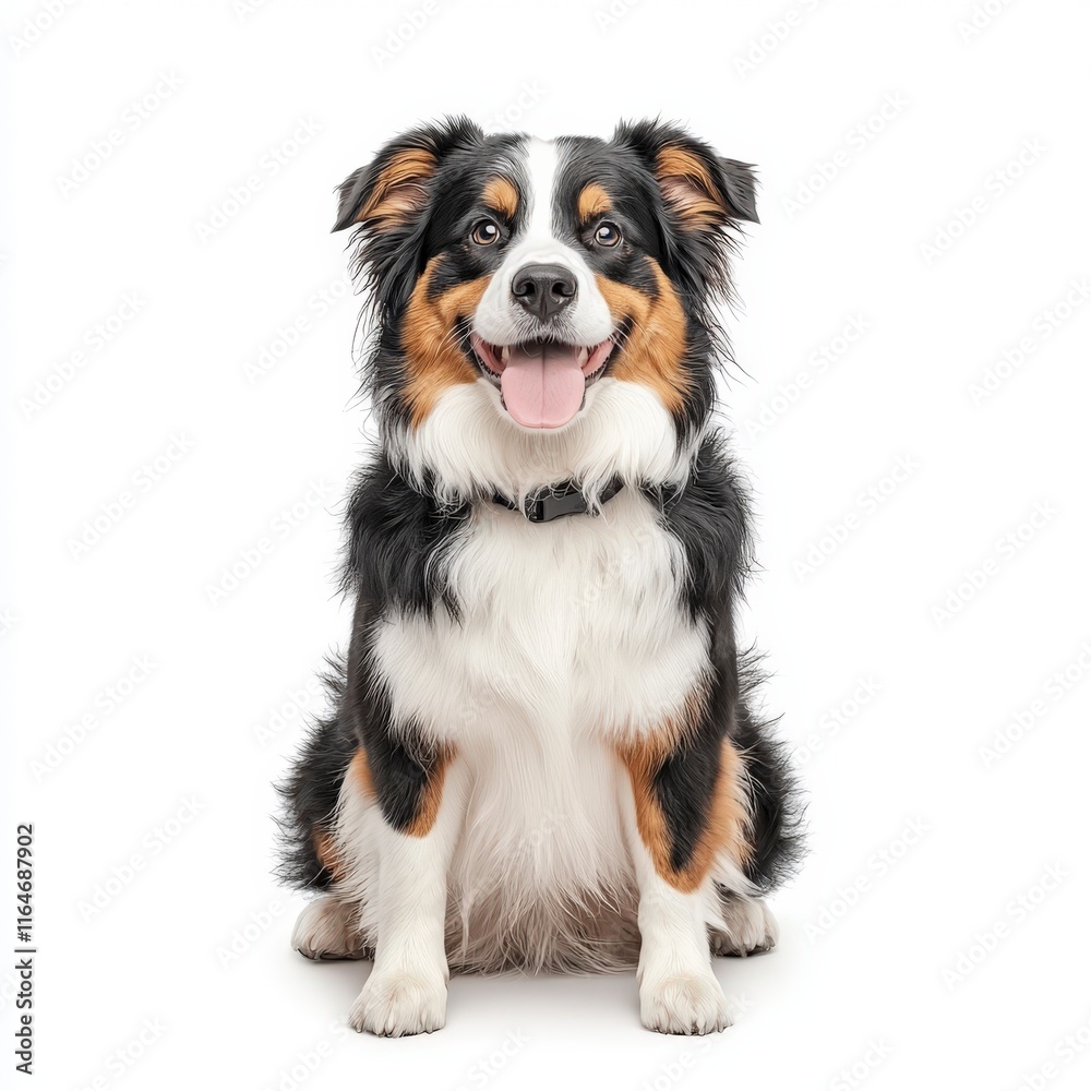 A happy Australian Shepherd dog sitting upright, showcasing its distinct coat and friendly demeanor, perfect for pet lovers. A happy Australian Shepherd dog sitting upright, showcasing its distinct coat and friendly demeanor, perfect for pet lovers.
