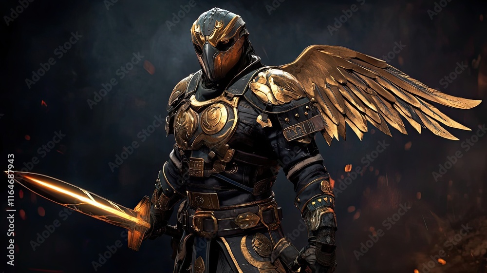 Fototapeta premium Angelic Warrior With Golden Wings And Sword
